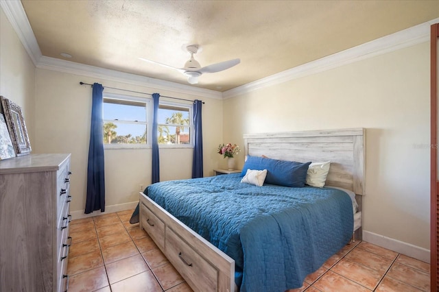 bedroom with crown molding, ceiling fan, and light tile patterned flooring