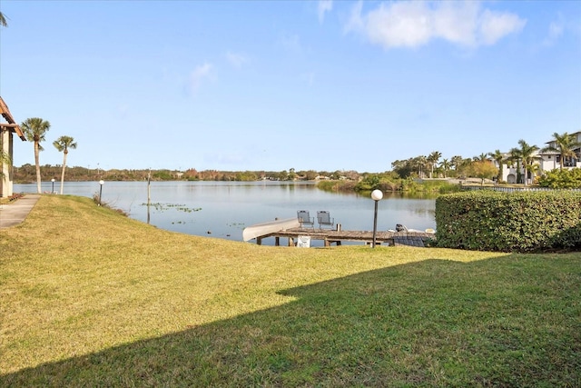 dock area featuring a water view and a yard