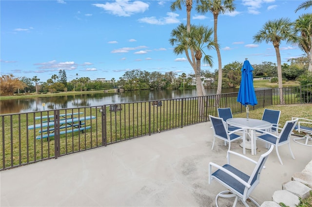 view of patio featuring a water view