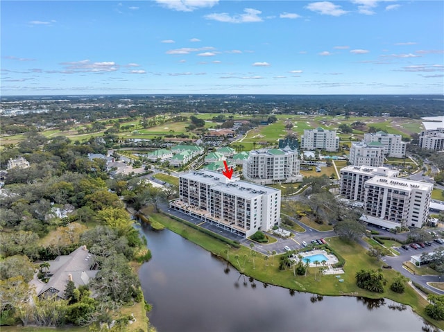 drone / aerial view featuring a water view