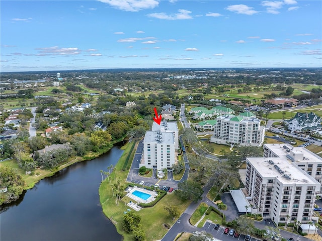 aerial view featuring a water view