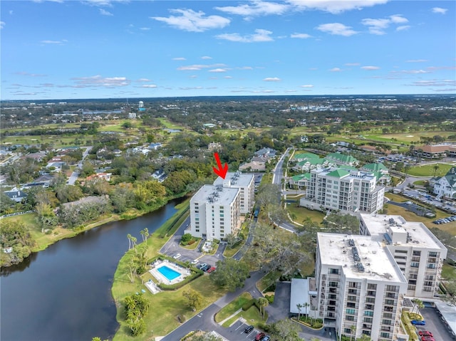 aerial view featuring a water view