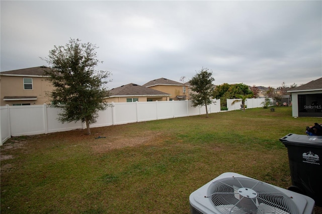 view of yard featuring a fenced backyard and central AC unit