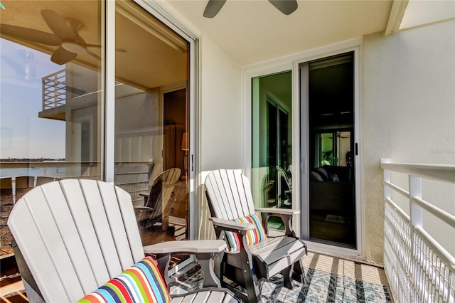 balcony featuring ceiling fan