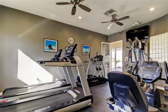 gym featuring ceiling fan