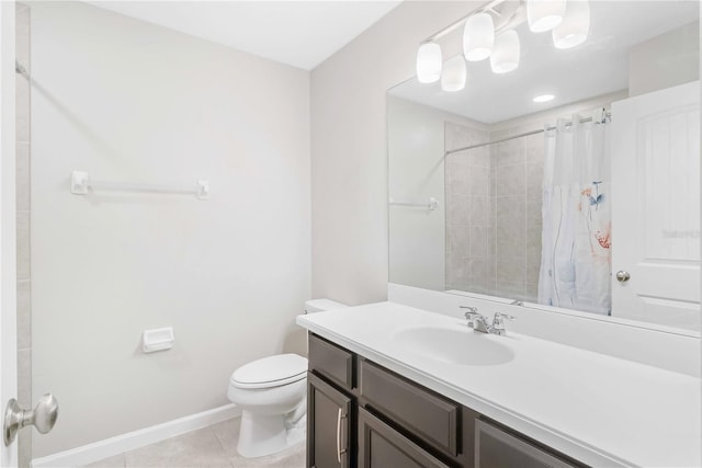 bathroom with tile patterned flooring, toilet, baseboards, vanity, and a shower with curtain