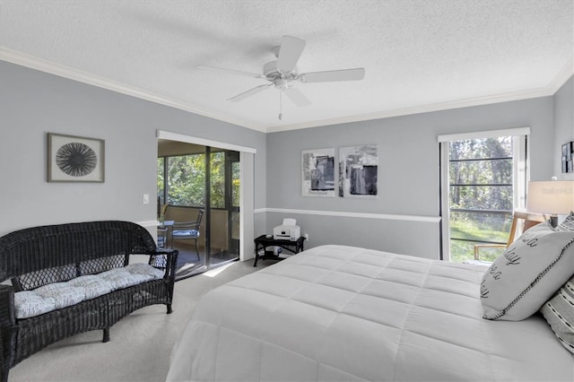 carpeted bedroom featuring multiple windows, ornamental molding, access to outside, and a textured ceiling