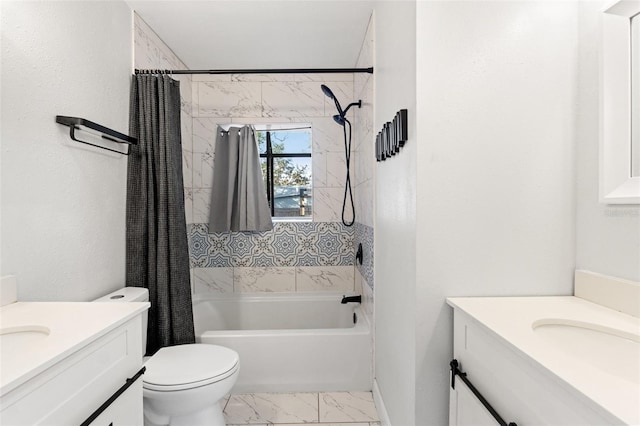 full bathroom featuring vanity, shower / bathtub combination with curtain, and toilet