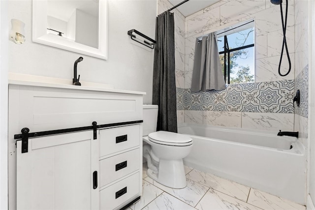 full bathroom with vanity, toilet, and shower / bath combo with shower curtain