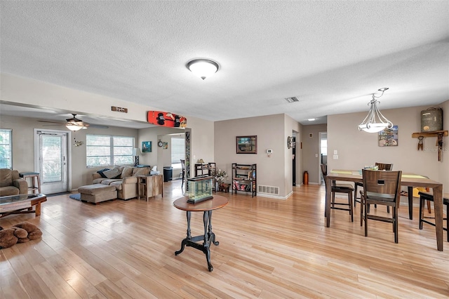 living room featuring ceiling fan, light hardwood / wood-style floors, and a textured ceiling