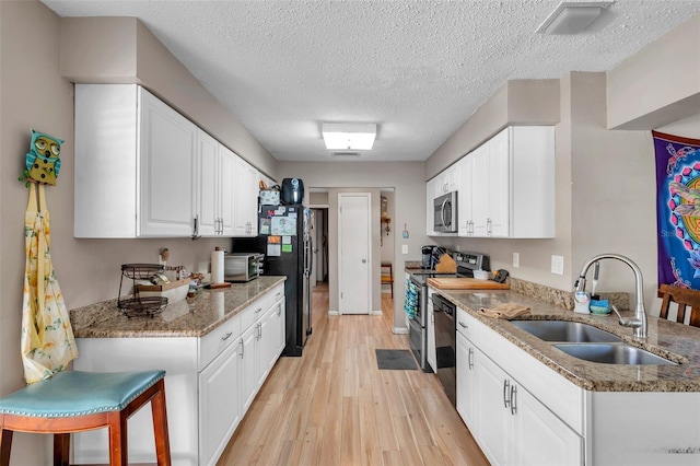 kitchen featuring sink, stainless steel appliances, white cabinets, and stone counters