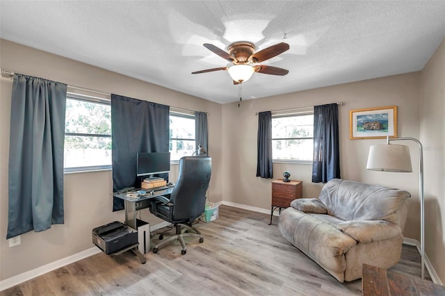 home office with a textured ceiling, light hardwood / wood-style floors, and a healthy amount of sunlight