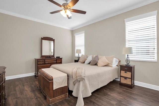 bedroom with crown molding, dark wood-type flooring, and ceiling fan