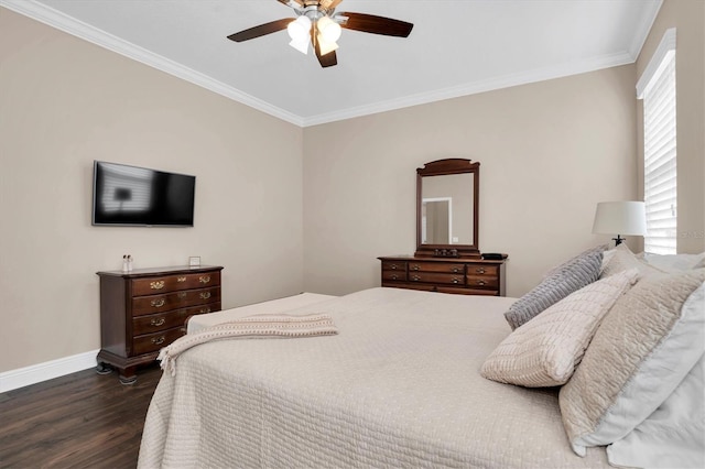 bedroom featuring dark hardwood / wood-style flooring, ornamental molding, and ceiling fan