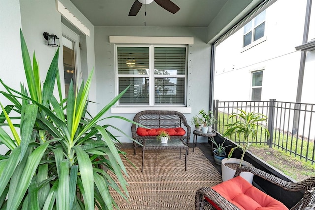 balcony featuring ceiling fan