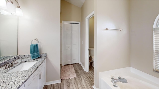 bathroom with vanity, a tub to relax in, wood-type flooring, and toilet