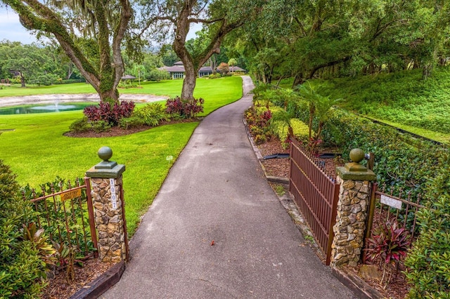 surrounding community with a water view and a lawn