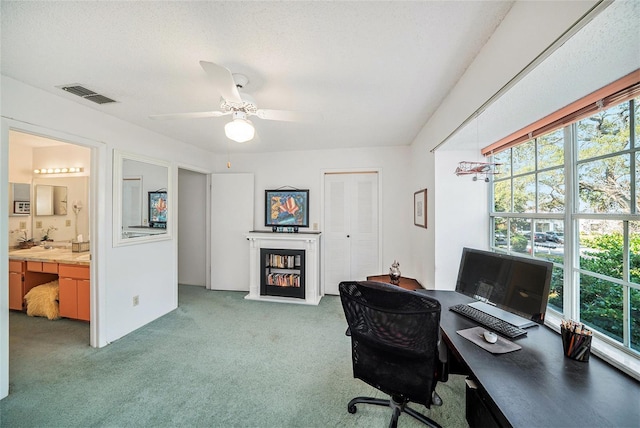 office space with ceiling fan, carpet, and a textured ceiling