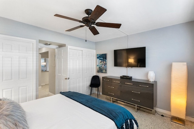 bedroom featuring ceiling fan and a closet