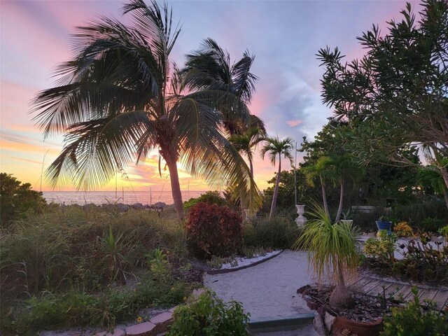 yard at dusk featuring a water view