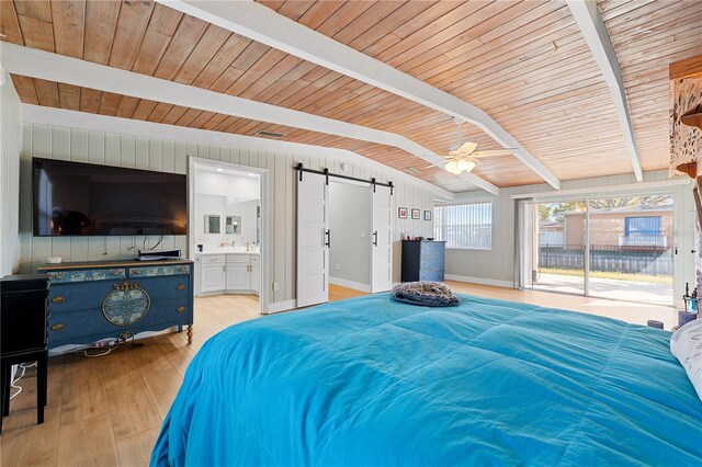 bedroom with wood ceiling, light hardwood / wood-style flooring, access to exterior, lofted ceiling with beams, and a barn door