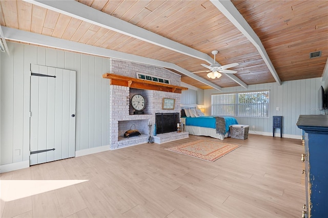 unfurnished living room with ceiling fan, wooden ceiling, a fireplace, and light wood-type flooring