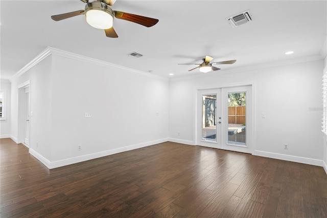 unfurnished room with dark wood-type flooring, ceiling fan, ornamental molding, and french doors