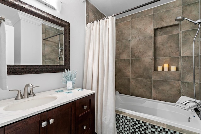 bathroom with vanity and shower / bath combination with curtain