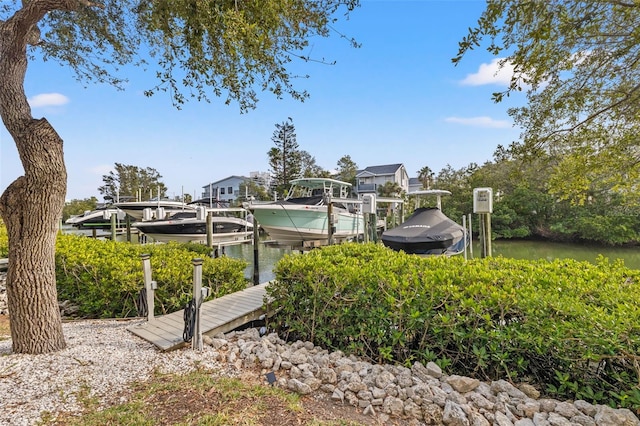 view of community featuring a water view and a boat dock