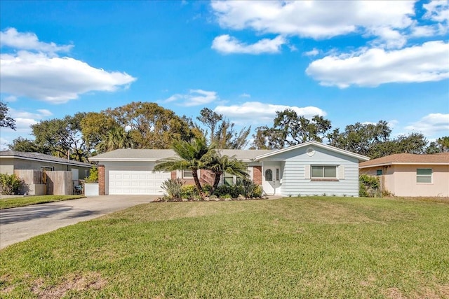 ranch-style home with a garage and a front yard