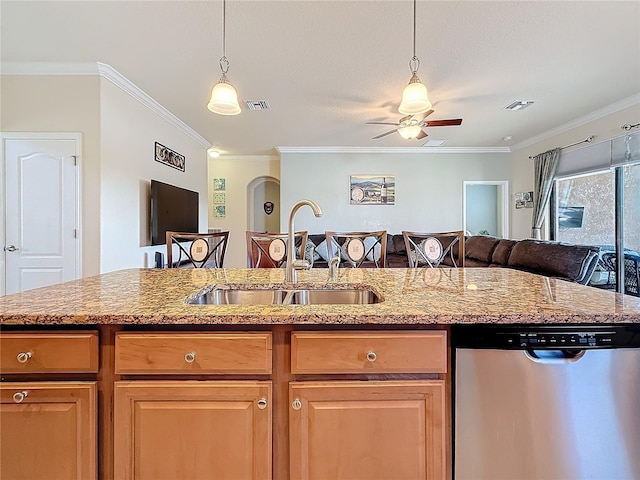 kitchen with sink, ornamental molding, stainless steel dishwasher, and light stone countertops