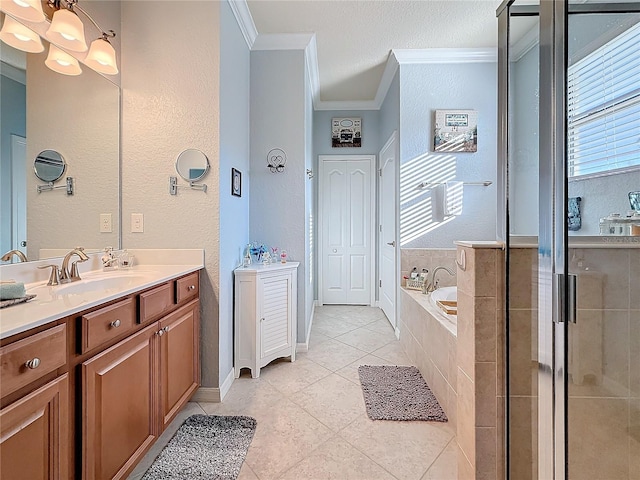 bathroom with independent shower and bath, ornamental molding, vanity, tile patterned floors, and a textured ceiling