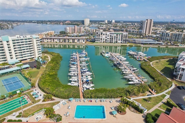 aerial view featuring a water view