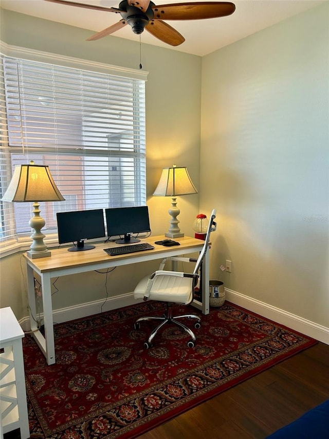 office featuring hardwood / wood-style flooring and ceiling fan