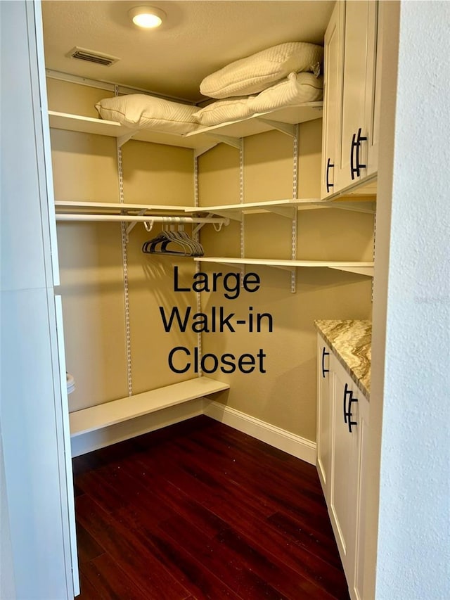 walk in closet with dark wood-type flooring