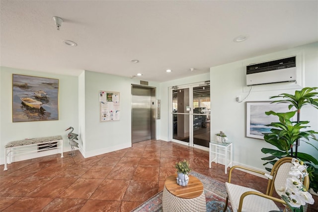 living room featuring an AC wall unit and elevator