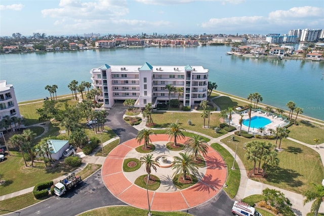 birds eye view of property featuring a water view