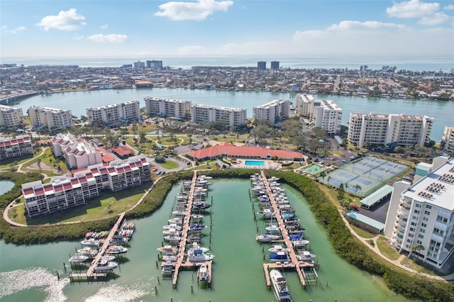 birds eye view of property featuring a water view