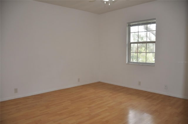 empty room with ceiling fan and light hardwood / wood-style floors