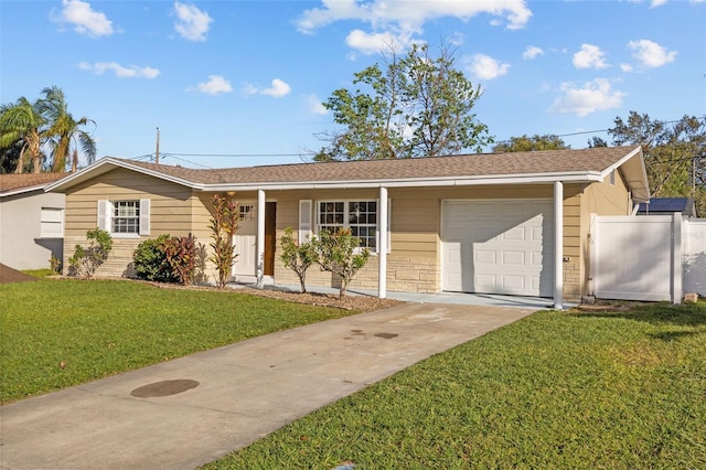 single story home featuring a garage and a front yard