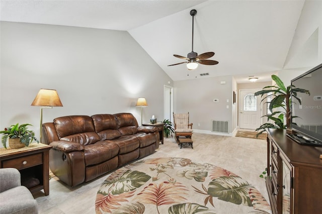 living room featuring lofted ceiling and ceiling fan