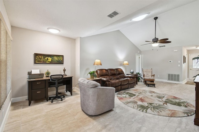 living room with ceiling fan, lofted ceiling, and a textured ceiling