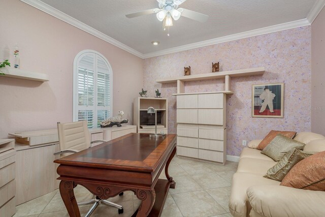 tiled office space with crown molding, ceiling fan, and a textured ceiling