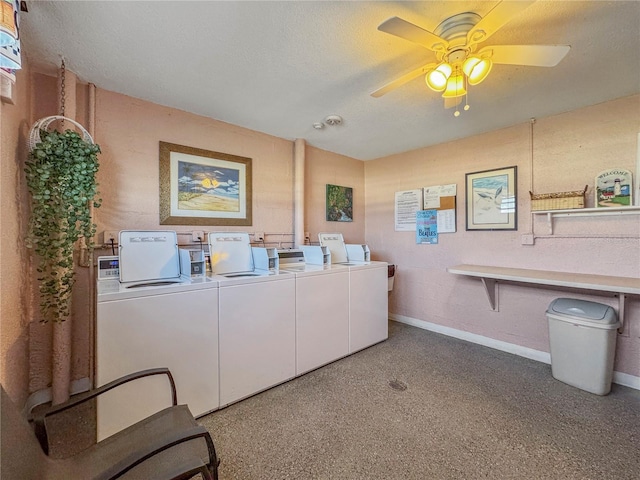 washroom featuring ceiling fan, independent washer and dryer, and a textured ceiling