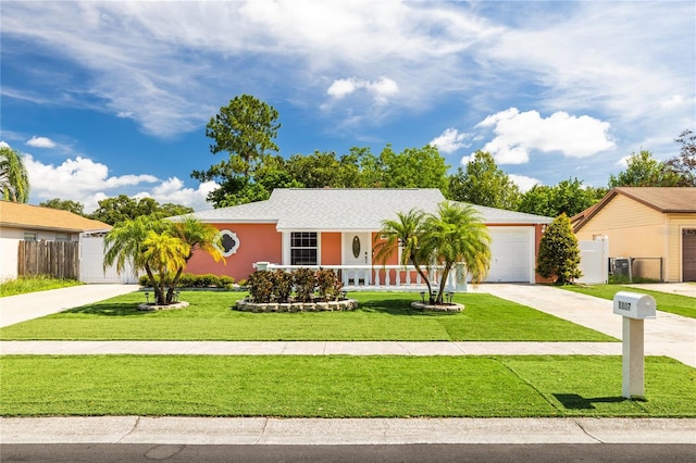 single story home featuring a garage and a front lawn