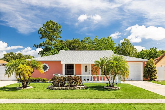 single story home with a garage and a front yard