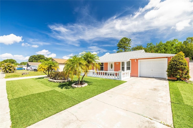 ranch-style home featuring a garage and a front lawn