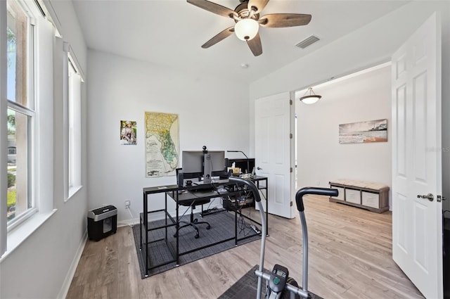 home office featuring ceiling fan and light hardwood / wood-style flooring