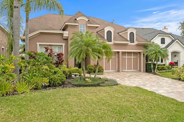 french country style house with a garage and a front yard