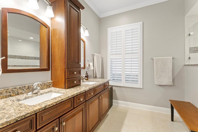 bathroom with crown molding, a shower, and vanity